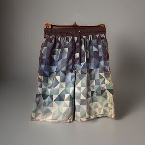 Kinnly Boy’s Swim Shorts Trunks Size 8 Blue Geometric Mesh Lined Elastic Waist